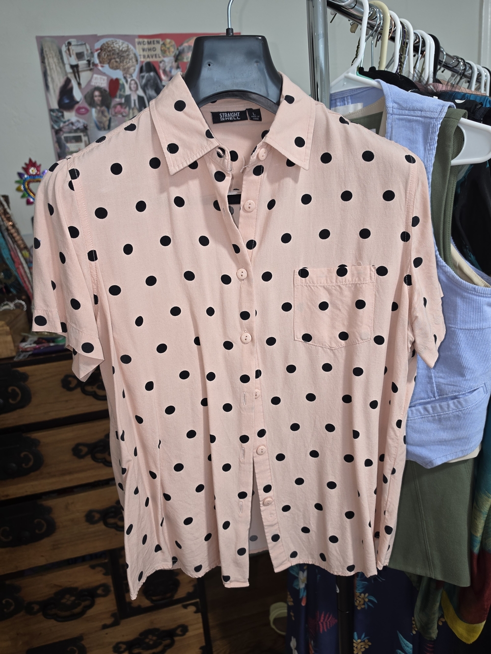 Straight To Hell Pink Short Sleeve Button-Up Shirt with Black Polka Dots